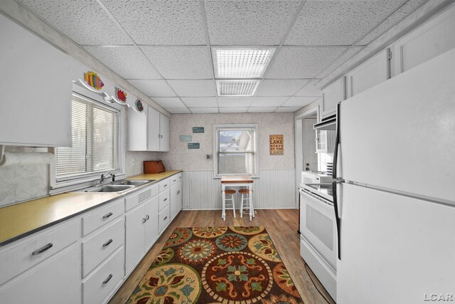 kitchen with a paneled ceiling, white cabinetry, white appliances, and sink