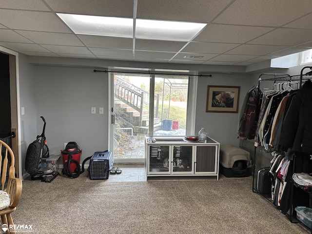 misc room with carpet and a drop ceiling