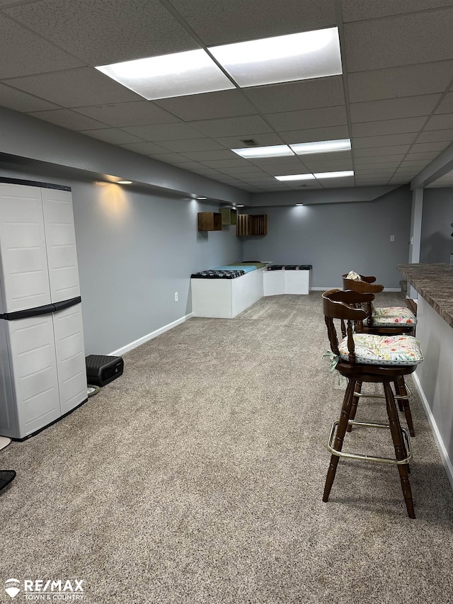 basement featuring carpet floors and a paneled ceiling