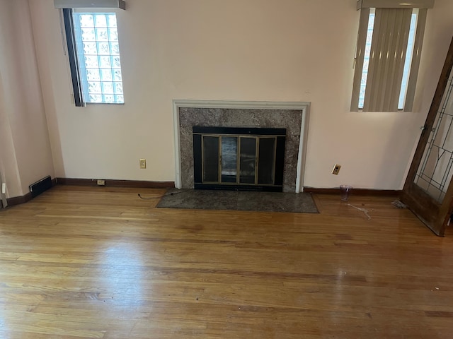 interior details with wood-type flooring and a fireplace