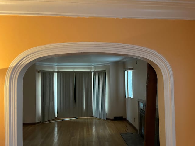 spare room with ornamental molding and hardwood / wood-style flooring