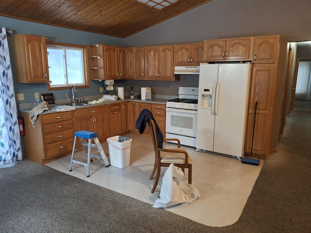 kitchen with white appliances, sink, wood ceiling, and vaulted ceiling