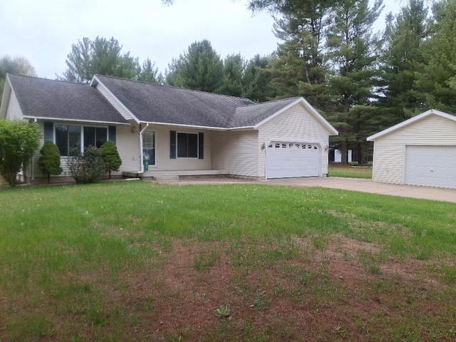8741 Oak Rd, Evart, MI 49631 - ranch-style house with a front yard, roof with shingles, and a garage