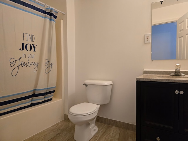 full bathroom featuring vanity, shower / bath combination with curtain, and toilet