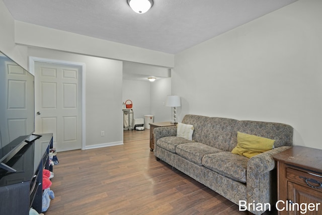 living room featuring dark hardwood / wood-style flooring and a textured ceiling