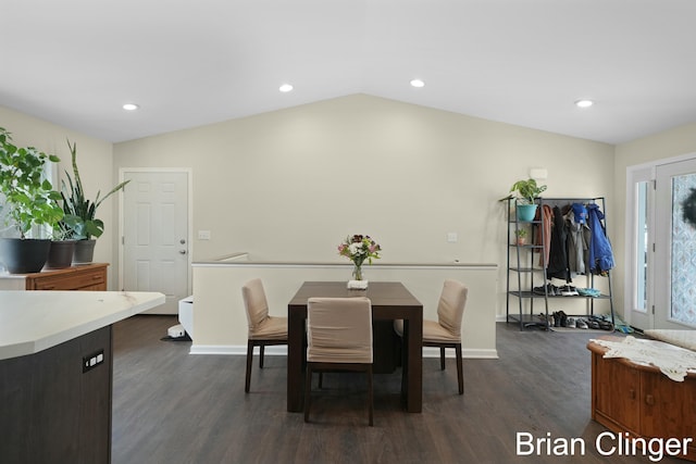 dining space featuring dark hardwood / wood-style flooring and vaulted ceiling