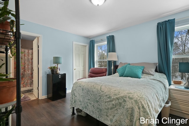 bedroom with ensuite bath and dark wood-type flooring