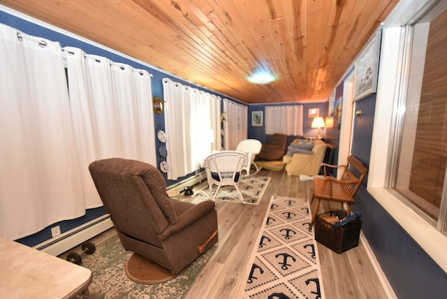 living room with wood-type flooring, wooden ceiling, and baseboard heating