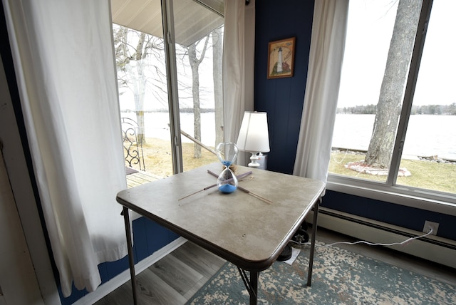 4141 Buena Vista Dr, Greenbush, MI 48738 - home office with baseboard heating, a water view, and wood finished floors