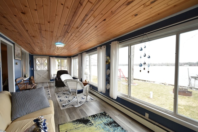 4141 Buena Vista Dr, Greenbush, MI 48738 - sunroom with baseboard heating, wood ceiling, a water view, and wood finished floors