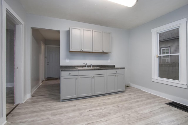 kitchen featuring gray cabinets, sink, and light hardwood / wood-style flooring