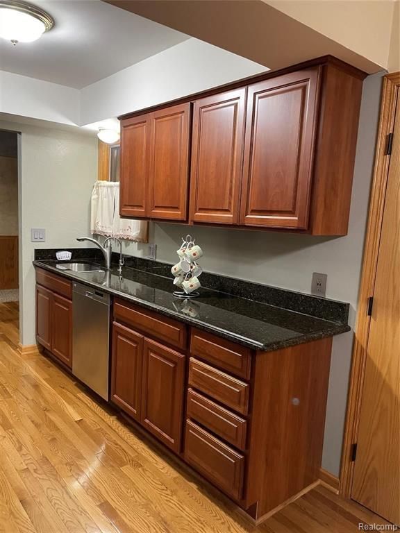 kitchen with sink, light hardwood / wood-style floors, stainless steel dishwasher, and dark stone countertops