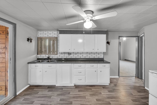 kitchen with sink, white cabinets, and hardwood / wood-style flooring