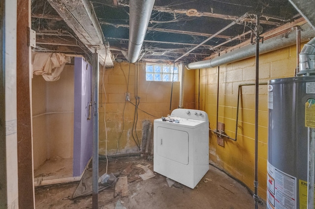 basement featuring washer / dryer and water heater