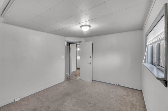 empty room with crown molding and light colored carpet