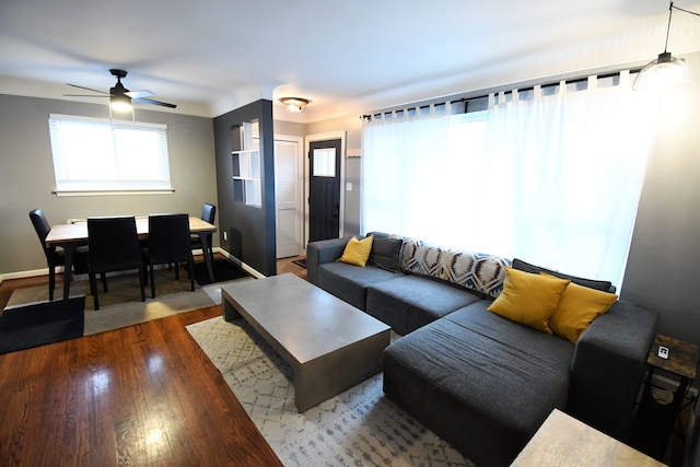 living room with ceiling fan and dark hardwood / wood-style flooring