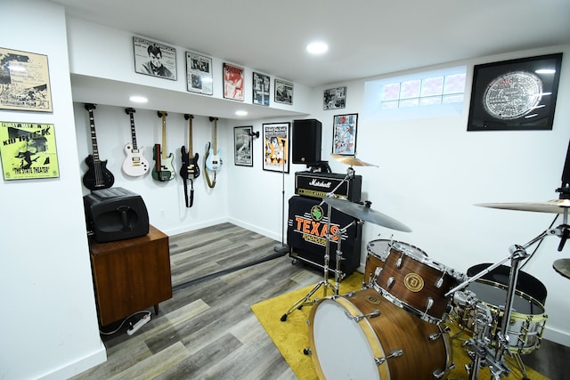 recreation room with wood-type flooring