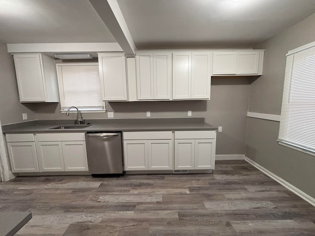 kitchen featuring white cabinets, dishwasher, and sink