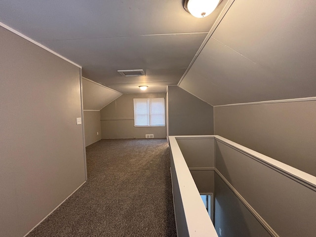 bonus room featuring dark colored carpet and lofted ceiling