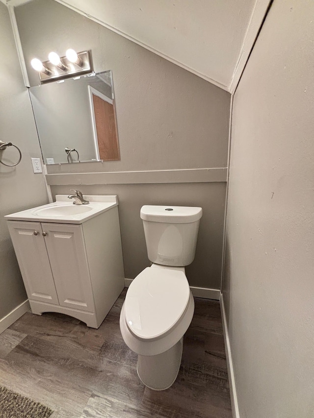 bathroom with hardwood / wood-style floors, vanity, and toilet