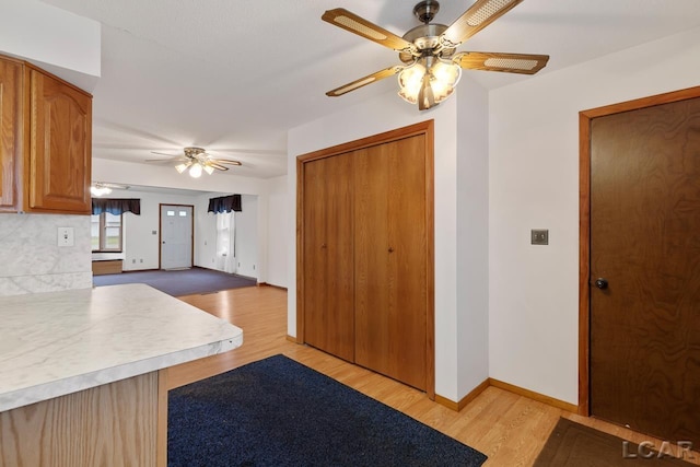 kitchen with ceiling fan and light hardwood / wood-style flooring