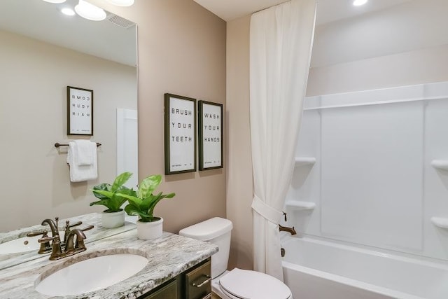 full bathroom featuring visible vents, toilet, vanity, and shower / bathtub combination with curtain