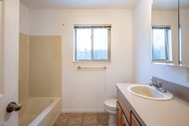 full bathroom featuring tile patterned floors, vanity, shower / bathtub combination, and toilet