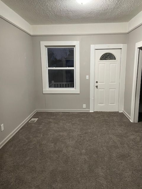 carpeted foyer with a textured ceiling