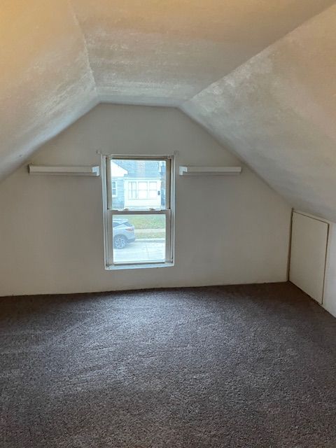 bonus room featuring a textured ceiling, carpet floors, and lofted ceiling