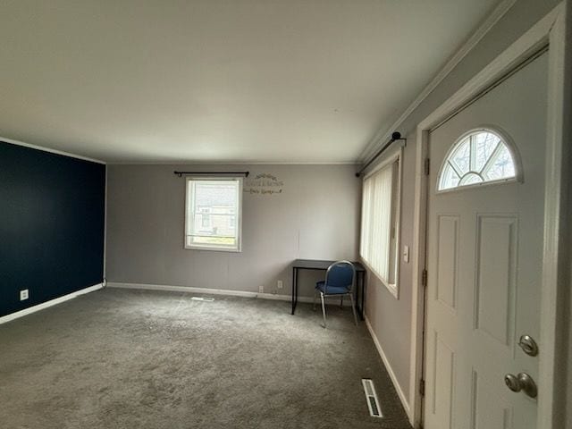 entrance foyer featuring plenty of natural light, ornamental molding, and dark colored carpet