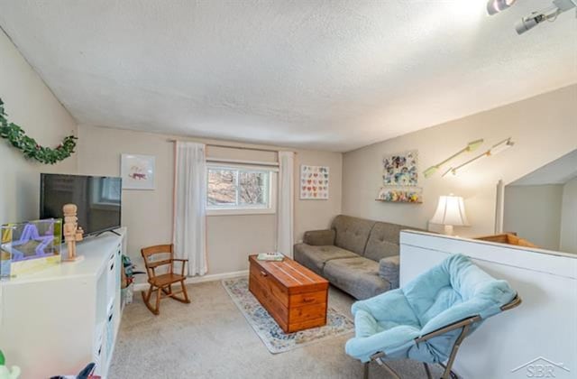 carpeted living room with a textured ceiling