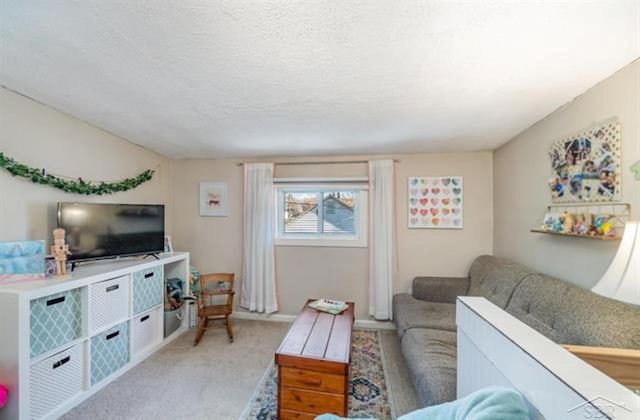 living room with a textured ceiling and light carpet