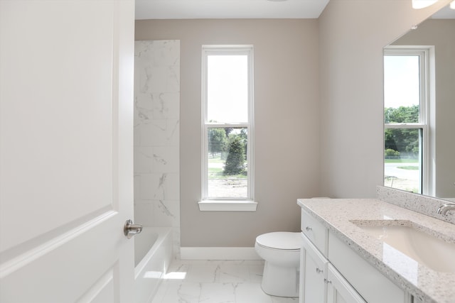 full bathroom with washtub / shower combination, vanity, and toilet