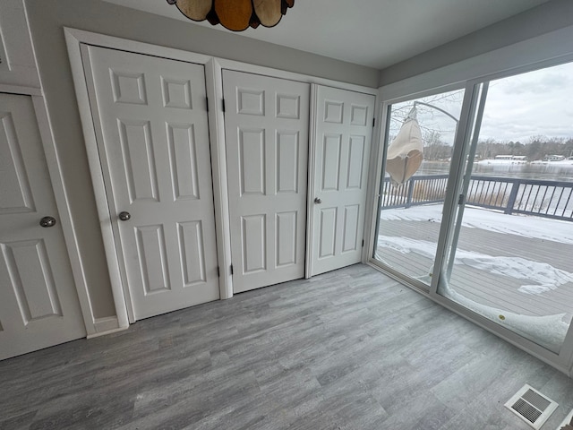 unfurnished bedroom featuring access to exterior and light wood-type flooring