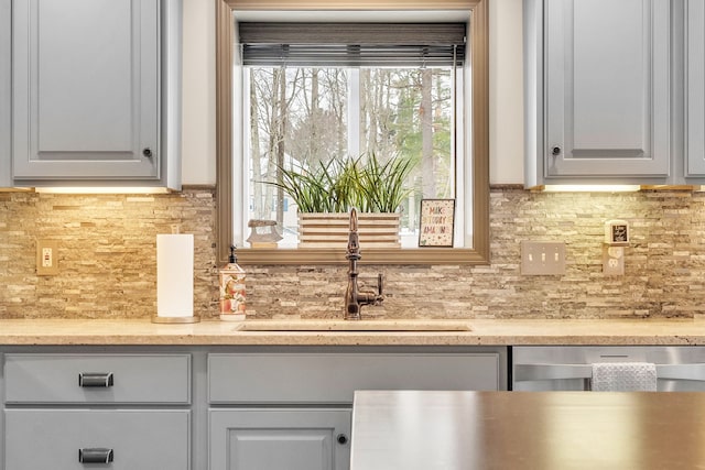 details featuring gray cabinets, stainless steel dishwasher, tasteful backsplash, and sink