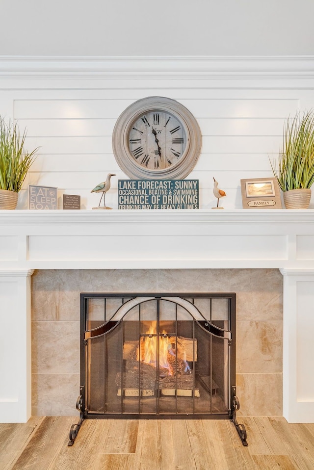 room details with a fireplace and hardwood / wood-style flooring