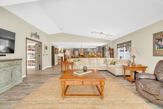 1571 Loebrich Dr, Gladwin, MI 48624 - living area featuring lofted ceiling, light wood finished floors, and rail lighting