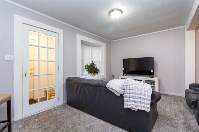 carpeted living room featuring a textured ceiling and ornamental molding