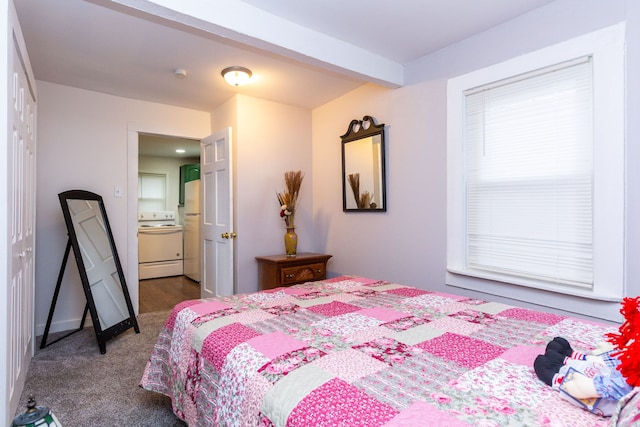 bedroom featuring dark colored carpet, white fridge, and beamed ceiling