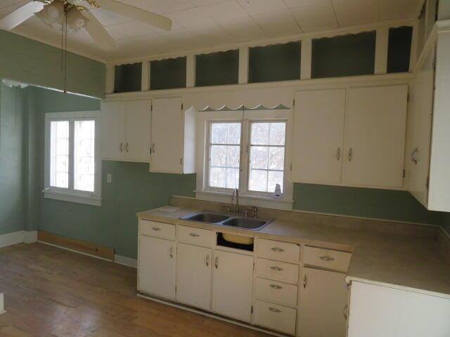 kitchen with white cabinets, light wood-type flooring, ceiling fan, and sink