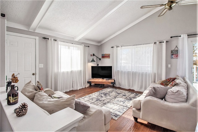 living room with hardwood / wood-style floors, vaulted ceiling with beams, and a wealth of natural light