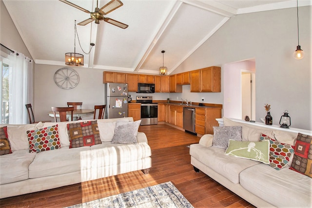 living room with beam ceiling, sink, dark hardwood / wood-style flooring, high vaulted ceiling, and ceiling fan with notable chandelier