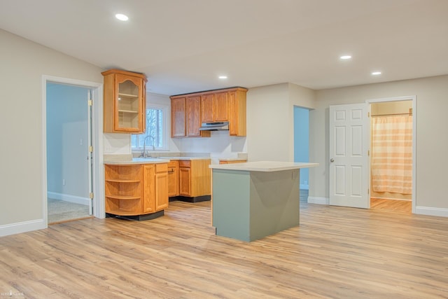 kitchen with a center island, light wood-type flooring, and sink