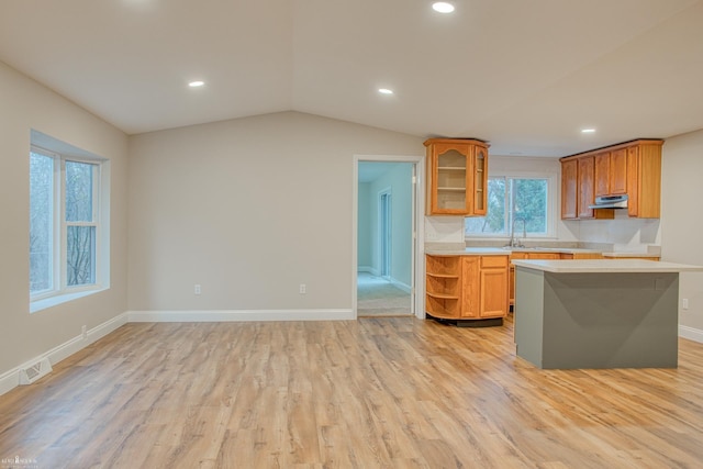 kitchen featuring light wood-type flooring, vaulted ceiling, and sink