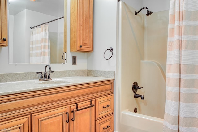 bathroom featuring shower / bath combination with curtain and vanity