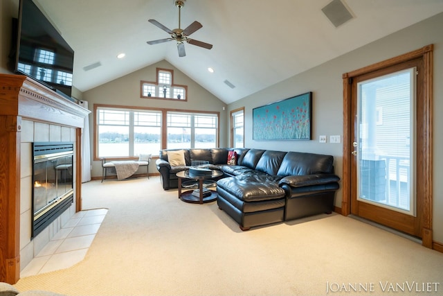 585 Crescent Dr, Holland, MI 49423 - carpeted living room featuring recessed lighting, a tile fireplace, visible vents, and ceiling fan