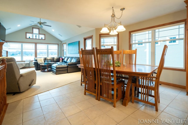 585 Crescent Dr, Holland, MI 49423 - dining room featuring vaulted ceiling, light carpet, recessed lighting, light tile patterned floors, and ceiling fan with notable chandelier