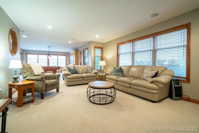 585 Crescent Dr, Holland, MI 49423 - carpeted living room featuring pool table, baseboards, and recessed lighting