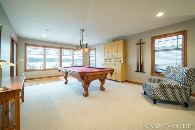 585 Crescent Dr, Holland, MI 49423 - rec room with light carpet, recessed lighting, baseboards, and billiards