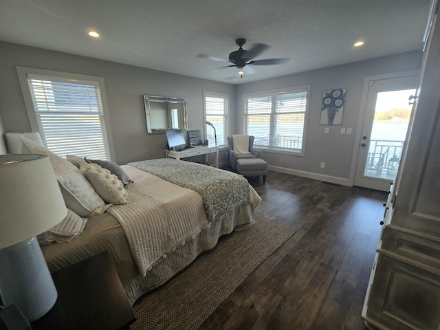 585 Crescent Dr, Holland, MI 49423 - bedroom featuring dark wood-type flooring, baseboards, recessed lighting, and a ceiling fan
